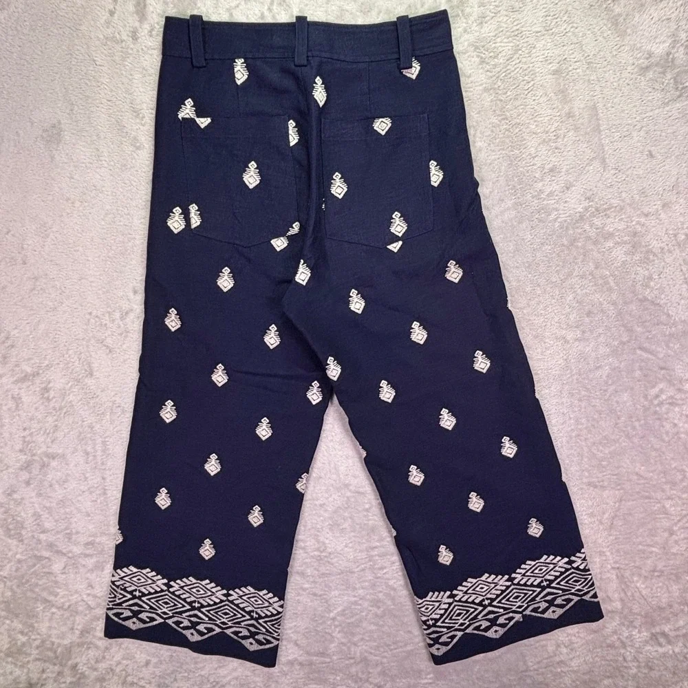 Zara Women Culottes‎ Small Navy Blue Embroidered Linen Blend High Rise Wide Leg